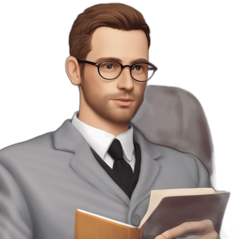 Pale skinned Fit Man With dark brown hair in gray jacket, beige office shirt, Brown pants and vintage glasses sitting In a soft chair with a notebook and a pen Fooling with his tongue emoji