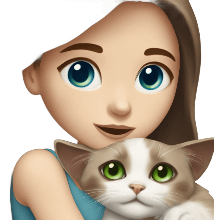 white woman with medium-length brown hair, green eyes and brown freckles on the face under the eyes, holding her sacre de birmanie kitten in her arms with much love, the baby cat has blue eyes, a lot of dark areas on ears and middle of the face. blue eyes emoji