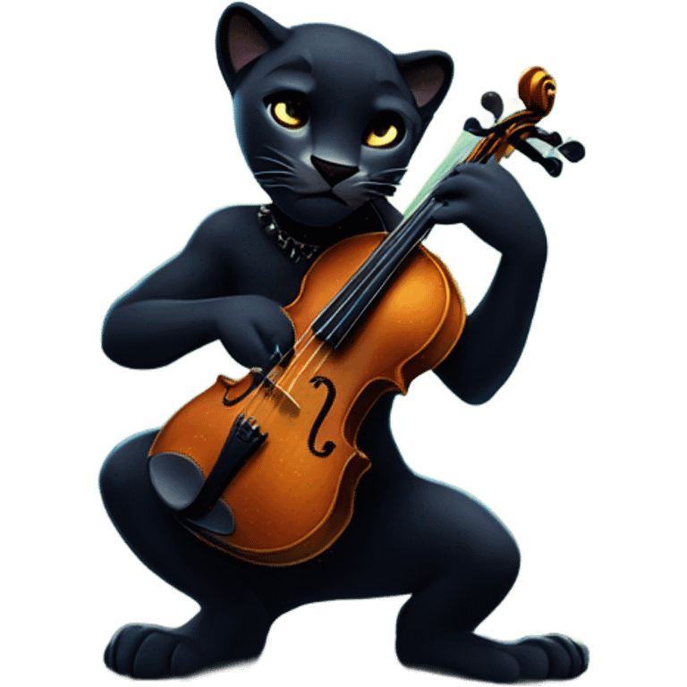 An elegant black panther playing a violin in the middle of a forest, its fur glowing under the moonlight. The atmosphere is calm and magical, with musical notes floating in the air." emoji