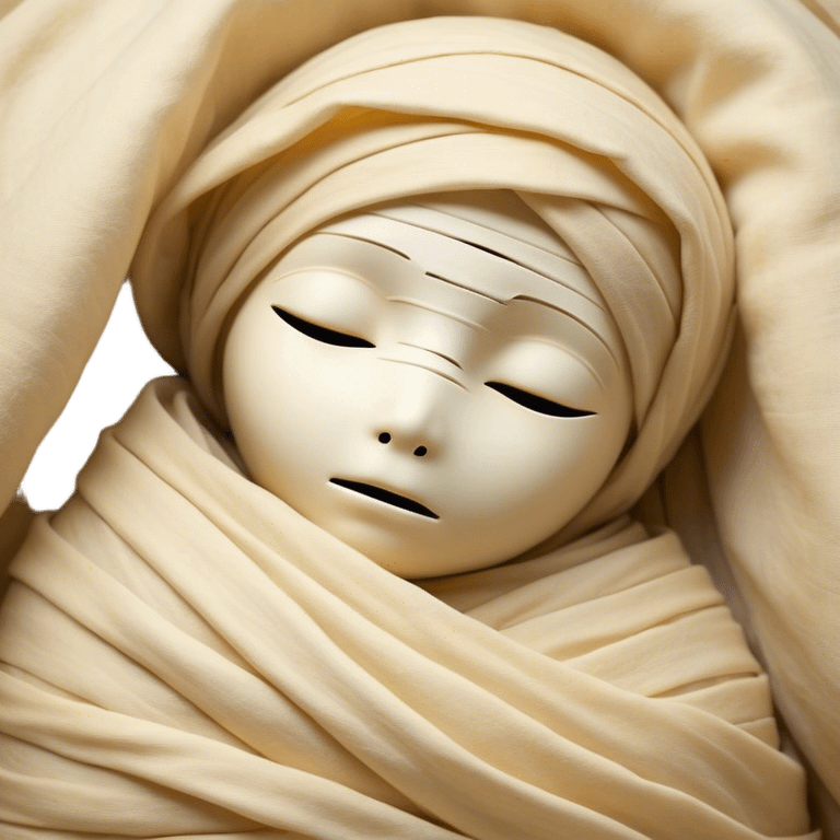 A snug, cozily wrapped mummy, fully encased in soft, slightly loose bandages, even its face gently hidden behind folds with only a tiny glimpse of sleepy eyes, nestled in warm, faded tones with gentle golden accents, simplified yet irresistibly charming, highly detailed with a soft glowing outline capturing the peaceful aura of an ancient being drifting into rest! emoji