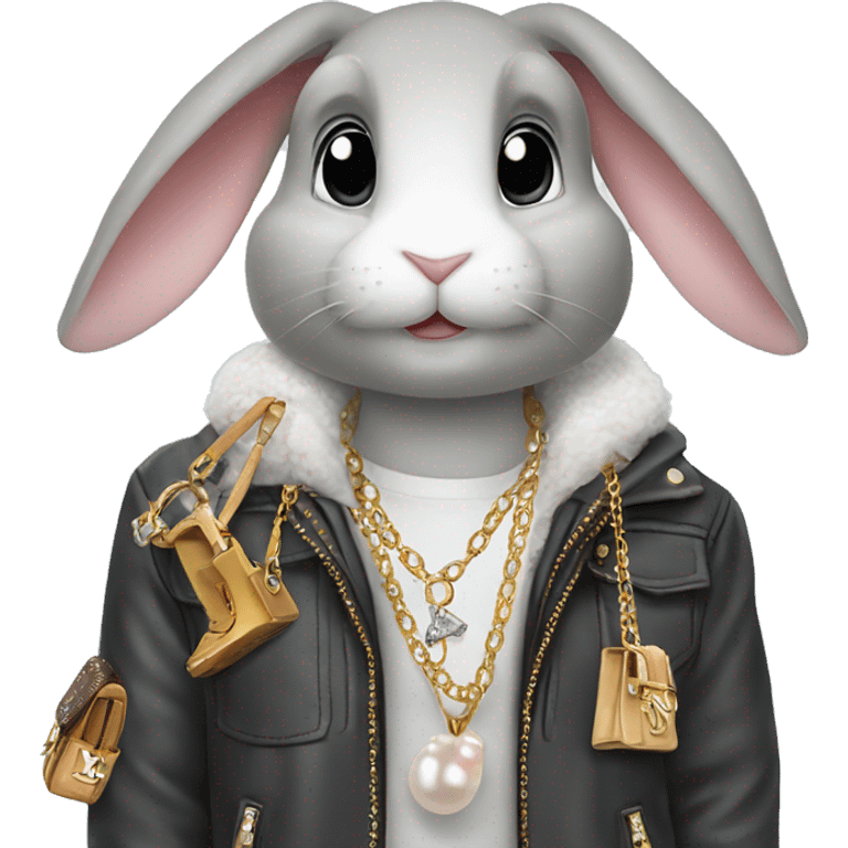 Cure rabbit is wearing Pearl chain and wears a Louis Vuitton jacket emoji