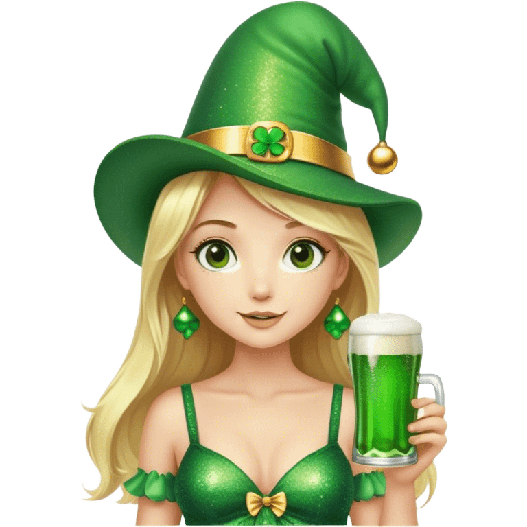 Blonde haired girl in glittery green bell bottoms and tall leprechaun hat holding a green beer emoji