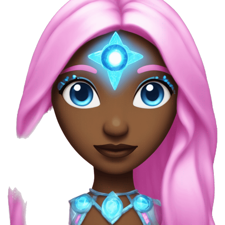 magical diva with pink andromedan skin long hair and blue eyes glowing third eye emoji