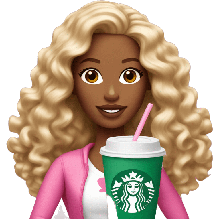 Barbie girl with brown and blonde long curly hair holding Pink starbucks refresher emoji