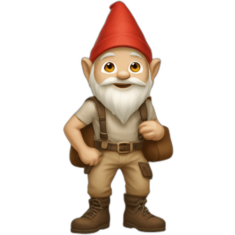 side view of gnome with light tan pants squatting on top of small brown bag emoji