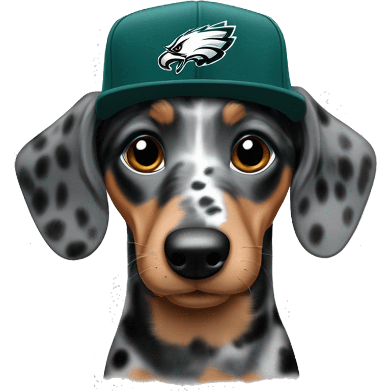 Miniature Blue Merle  Light Tri Brown Black and Gray Spotted Dachshund wearing Philadelphia Eagles Hat with C on it emoji