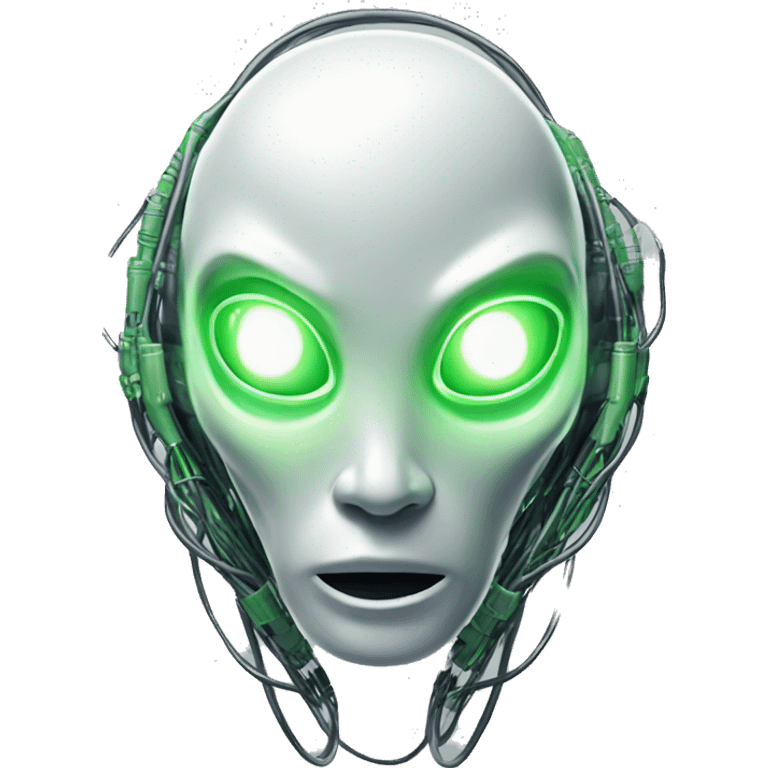 Round Alien cyborg head with glowing wires and green eyes  emoji