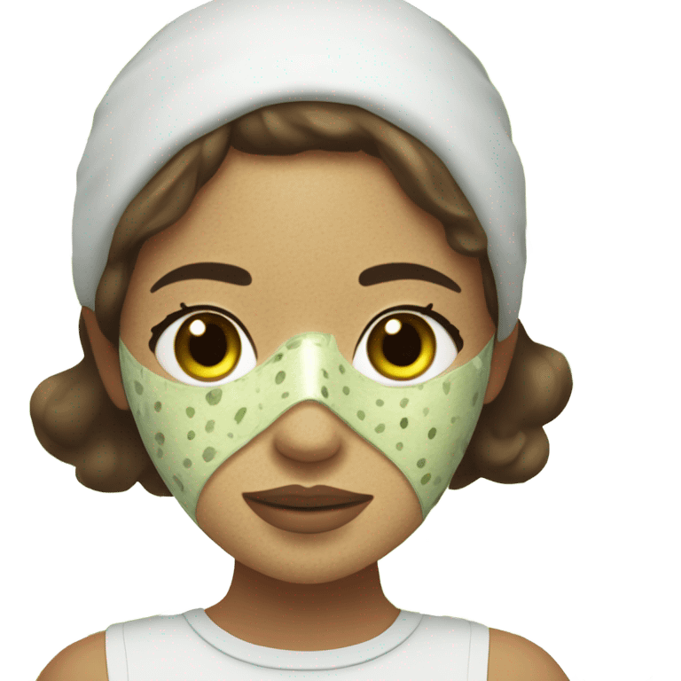 Girl with freackles Brown hair and white skin wears skin care mask Thats Green with Pickle on her eyes emoji