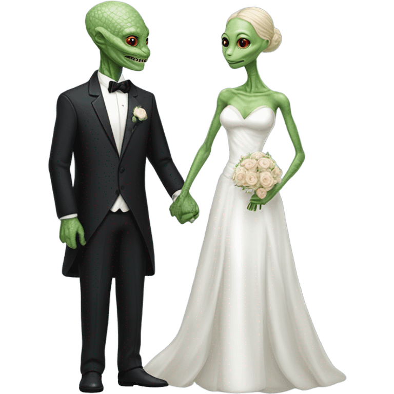 Alien reprilian woman in wedding dress and one humman man in a tuxedo holding hands getting married emoji