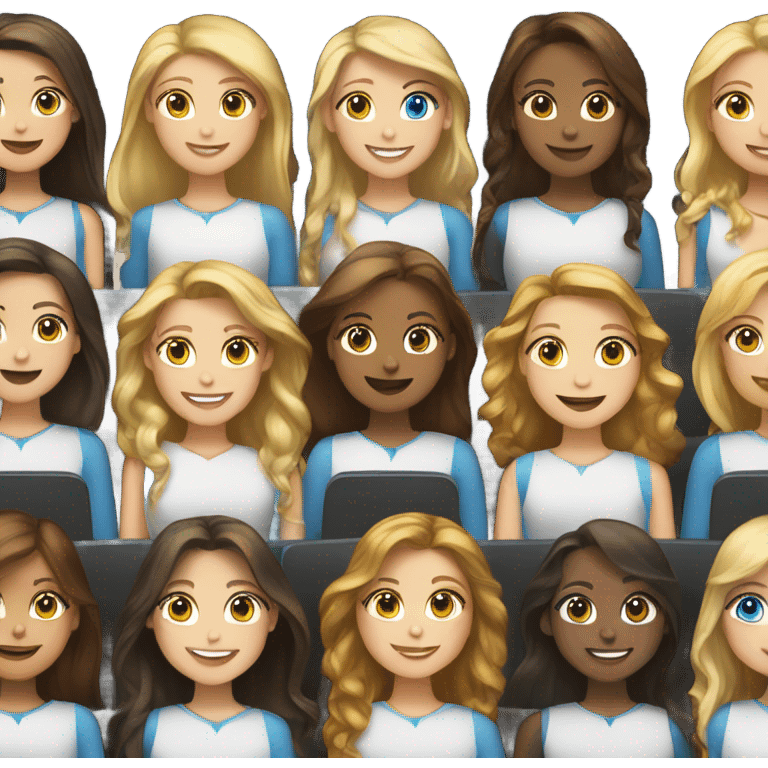 smiling girls with blond and brunette hair and blue eyes in theater emoji