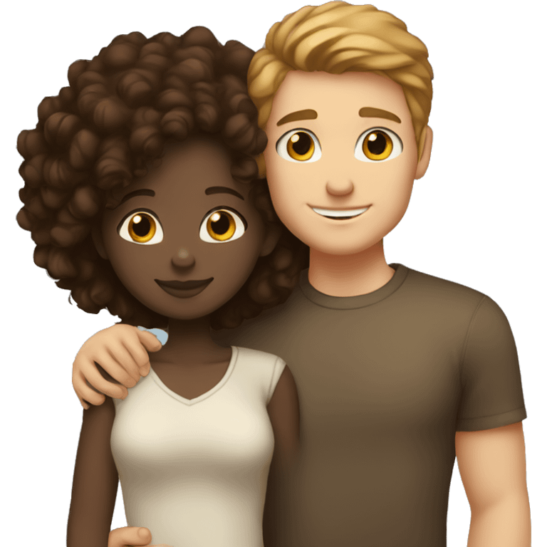 black girl and white guy with brown hair and blue eyes  hugging emoji