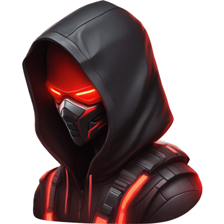 developer behind his laptop with this style : crysis Cyberpunk Riot Games Valorant neon glowing bright red character red dark black hooded assassin themed character emoji