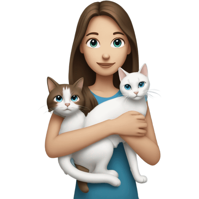 a girl with blue eyes and brown hair and a gray and white cat emoji