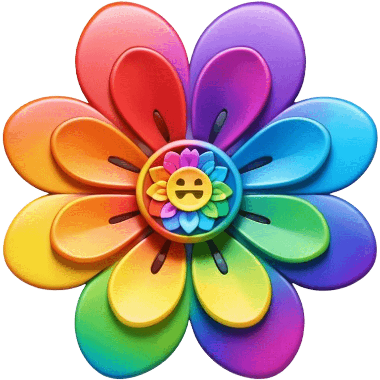 A bezeled psychedelic colored button with a rainbow colored 3D flower in the center emoji