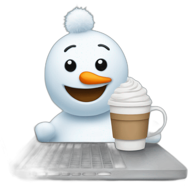 cute little snowman behind a laptop holding a coffee mug emoji