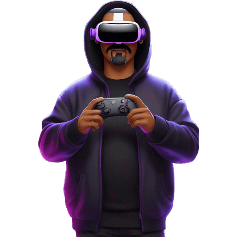 Big Lebowski wearing a black hoodie with "OMG" letters on it and VR headset oculus quest 2 in a cyberpunk VR environment with violet neon lighting. emoji