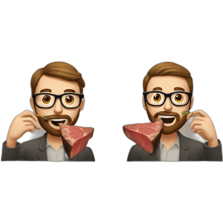 two males eating steaks both with glasses one with beard emoji