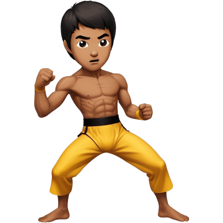 Cinematic Realistic Bruce Lee Portrait Emoji, depicted as a dynamic martial arts icon with an intense gaze and athletic physique caught in a fluid motion, rendered with vivid textures and energetic lighting that embodies his legendary prowess. emoji