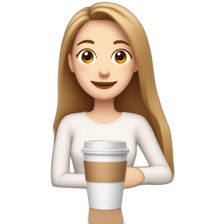 woman with pale skin and brown long thin straight hair wearing a white woolly shirt drinking coffee from a light pink takeaway cup eyes closed but smiling emoji