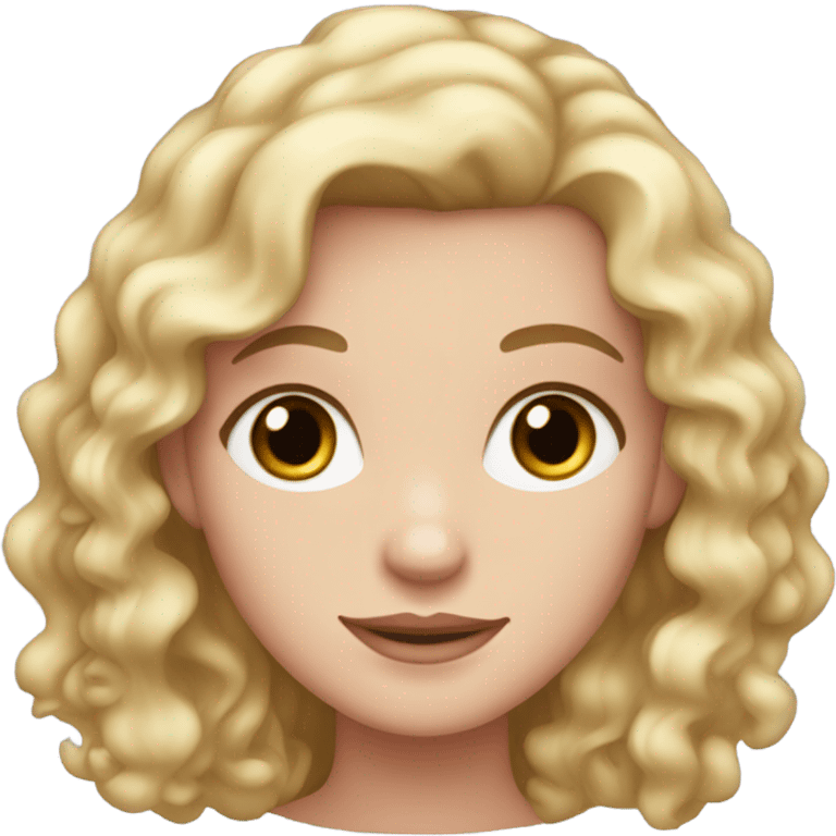 A girl with long blond curly hair and brown eyes. She has pale skin and a pink dress on emoji