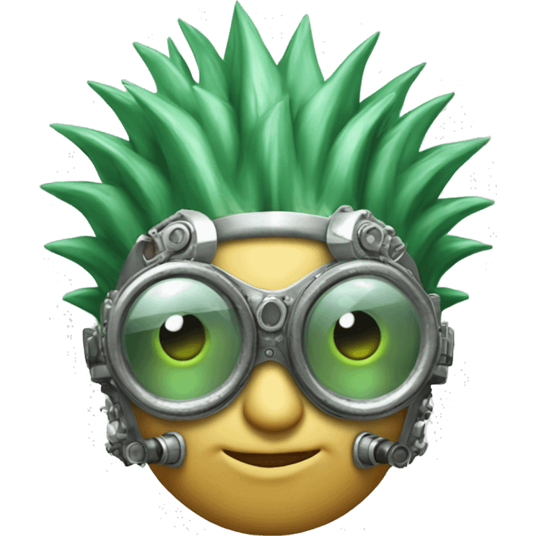 Light green Mohawk cyborg head with silver steampunk goggles emoji