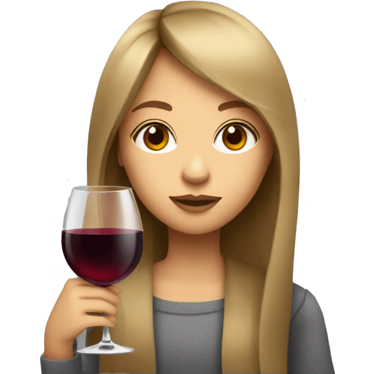 Girl with light brown long hair and bangs and grey eyes drinking red wine  emoji