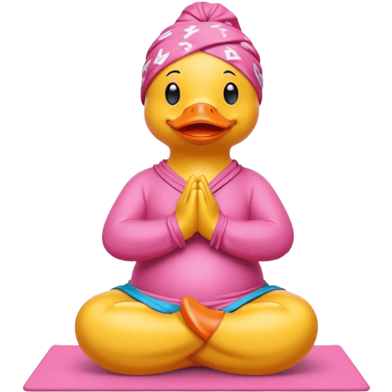 side view of yellow rubber duck with a pink bandana doing yoga while praying emoji