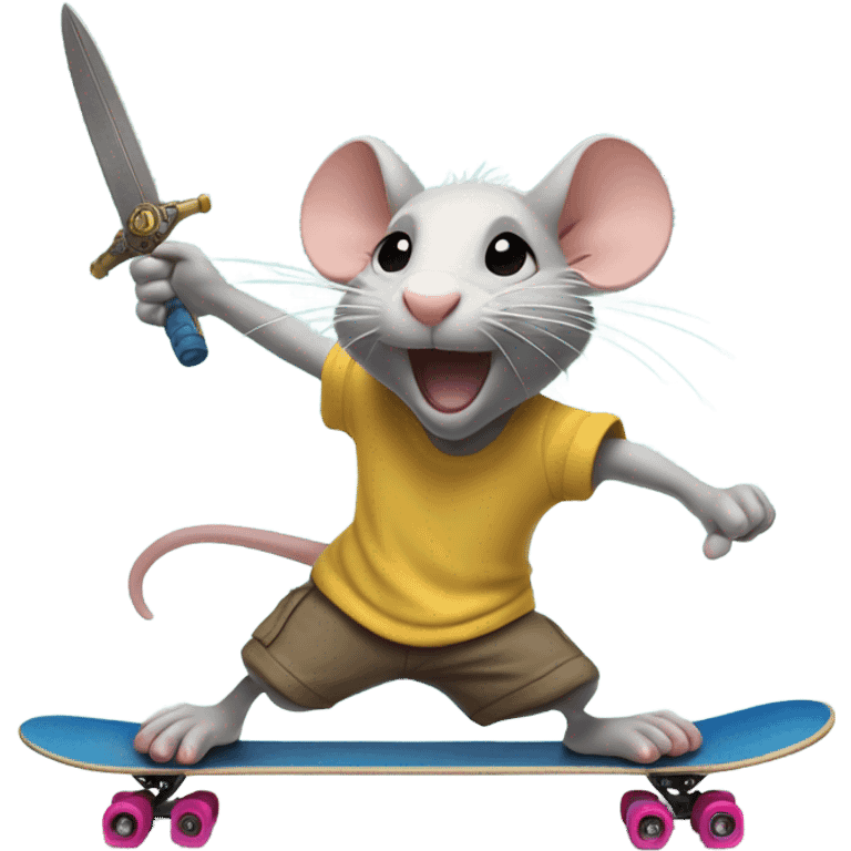 Rat riding a skateboard with a sword in hand and a fish flopping around on the ground emoji