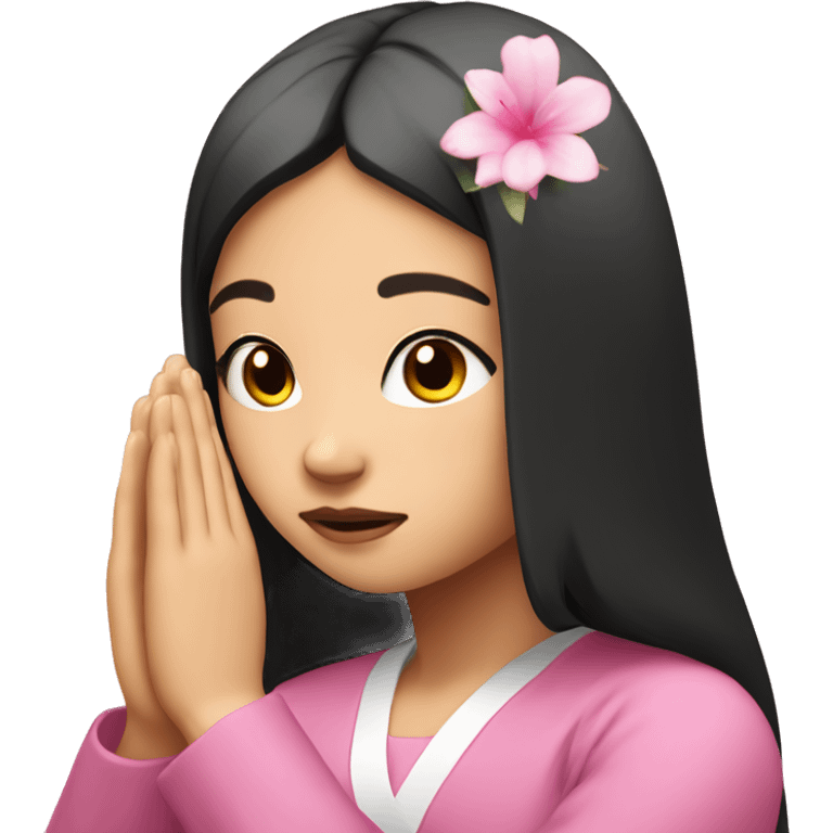 asian girl with black straight hair praying with pink flora in hair emoji