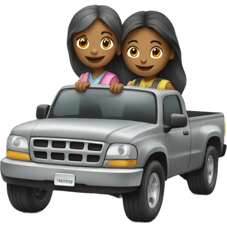 two girls riding in a gray truck emoji