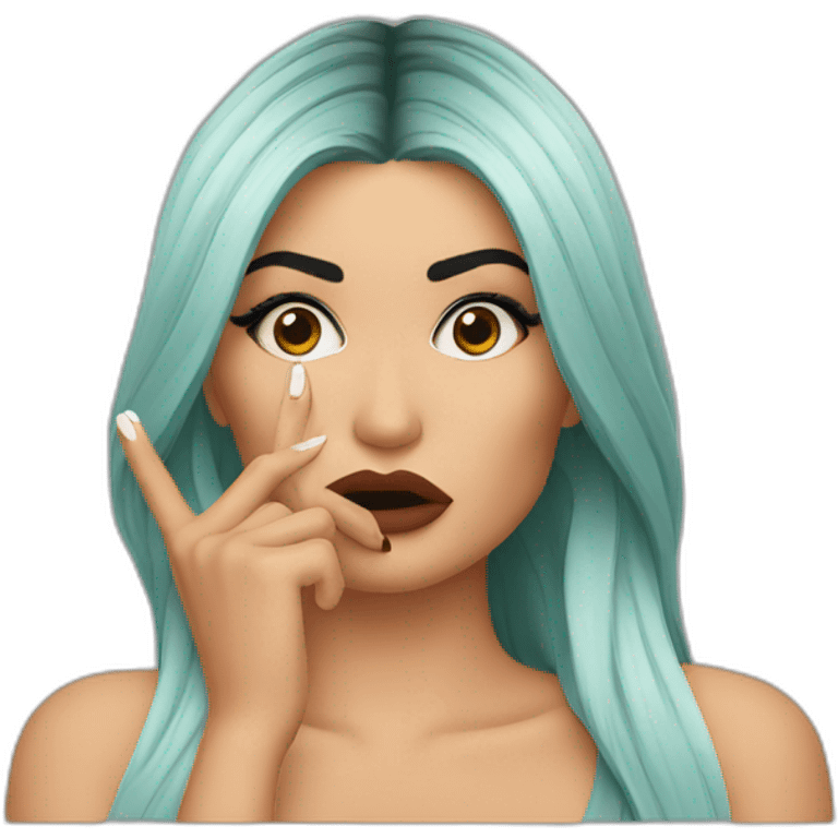 Kylie Jenner wondering and holding her finger on her lips emoji