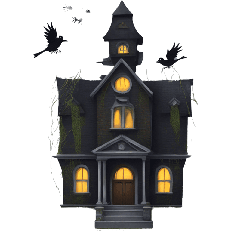 Nevermore Academy. Tall Haunted Addams house. birdhouse slightly mossy and spider webs  emoji