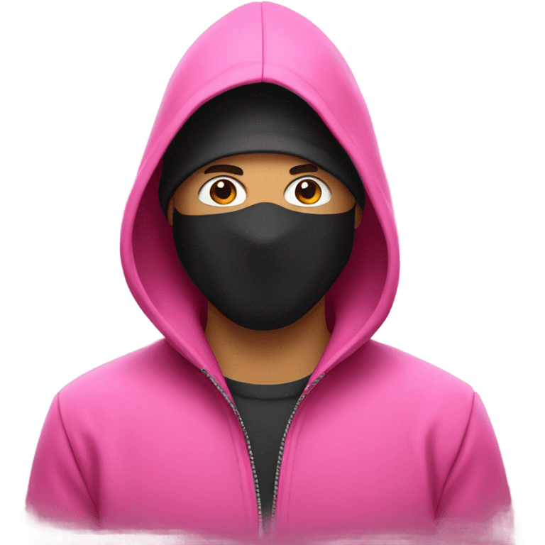 Man in pink jacket hood up, wearing black mask with white circle in the middle emoji