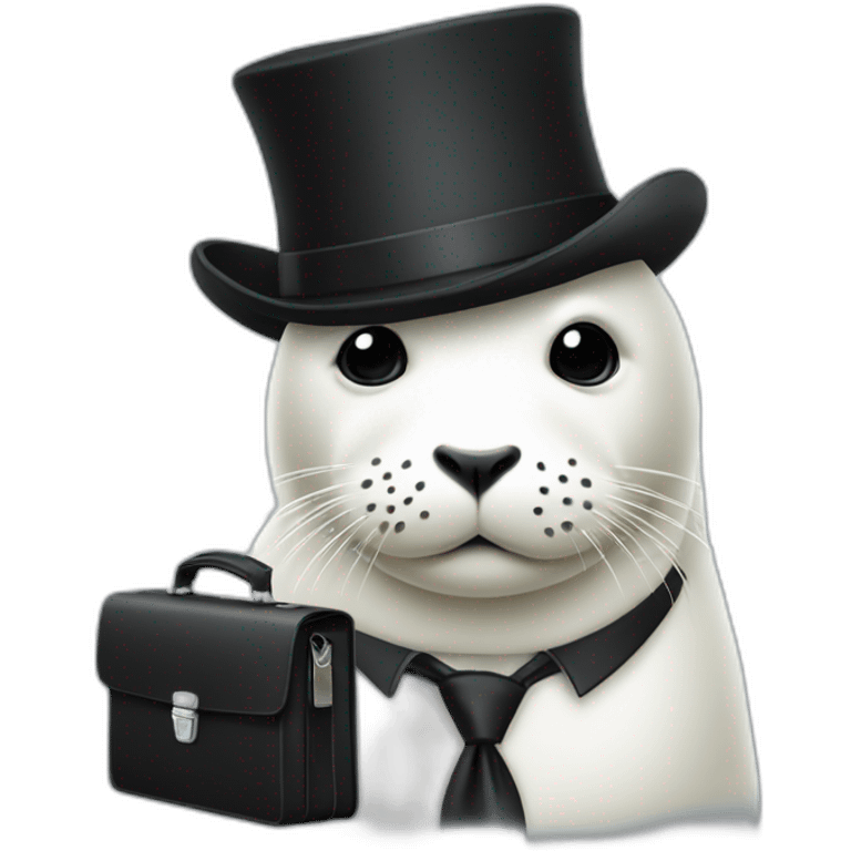 White seal in tie and small black hat and with briefcase emoji