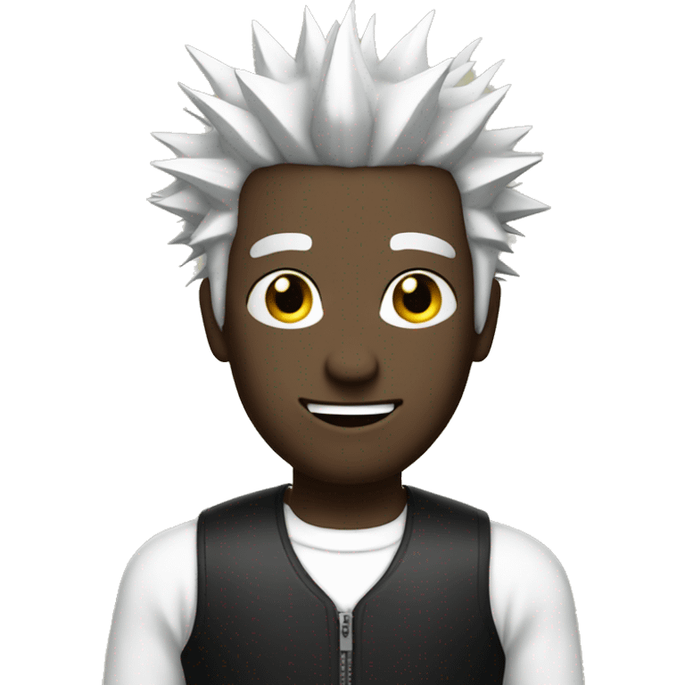 man black outfit white spiky hair holding an crsh emoji