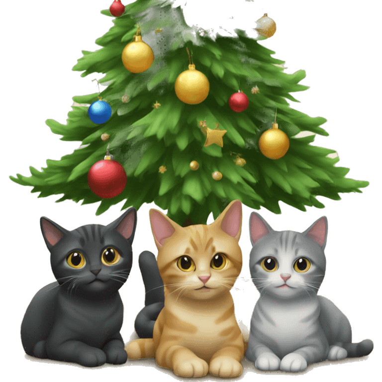 Four cats sitting under a Christmas tree  emoji