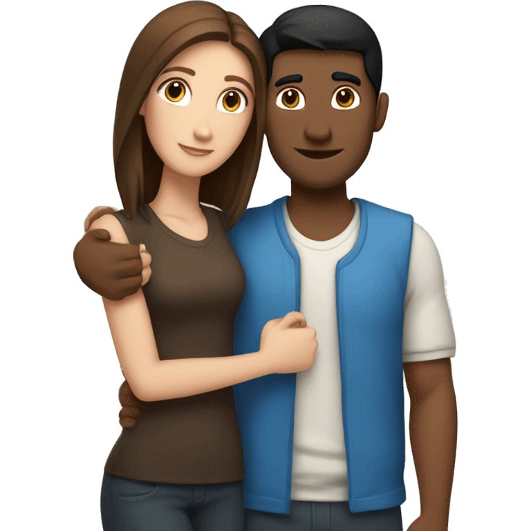 Couple with arms around each other; white woman with blue eyes and brown hair, Indian man with black hair  emoji