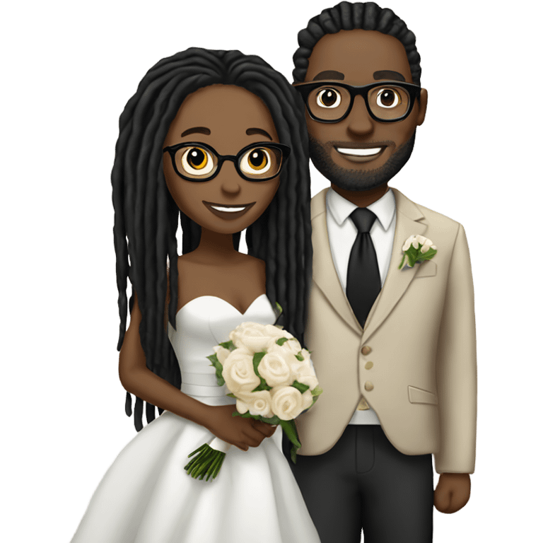 black couple light skin man with long black locs, dark skin woman with glasses with black locs wedding emoji