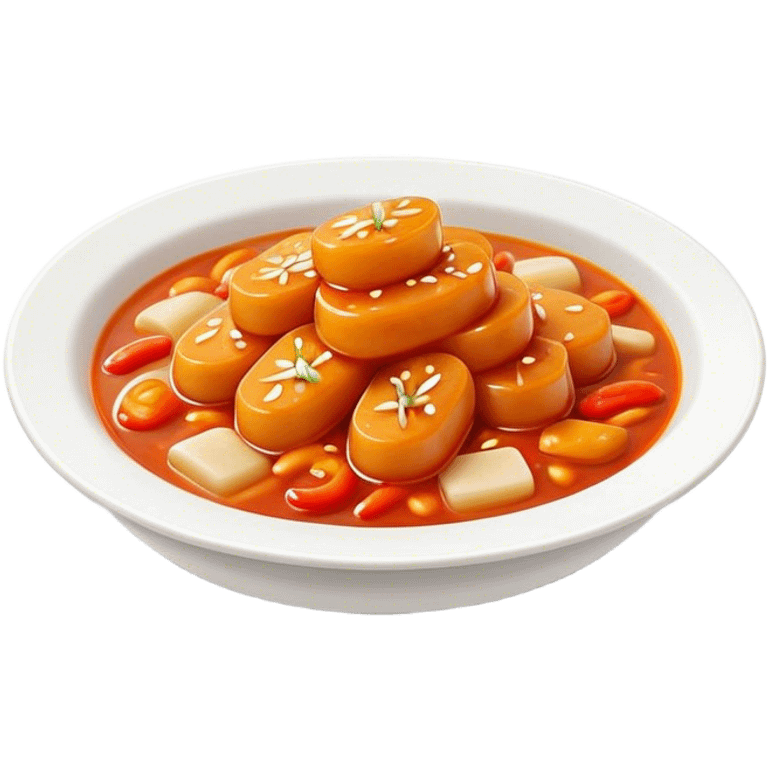 Cinematic Realistic Tteokbokki Dish Emoji, showcasing spicy, chewy rice cakes in a fiery sauce rendered with lifelike detail and bold, dynamic lighting. emoji