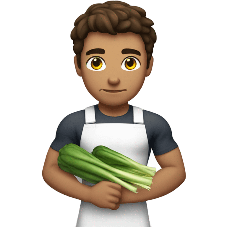 attractive muscular brunette young man using a chopping vegetables emoji