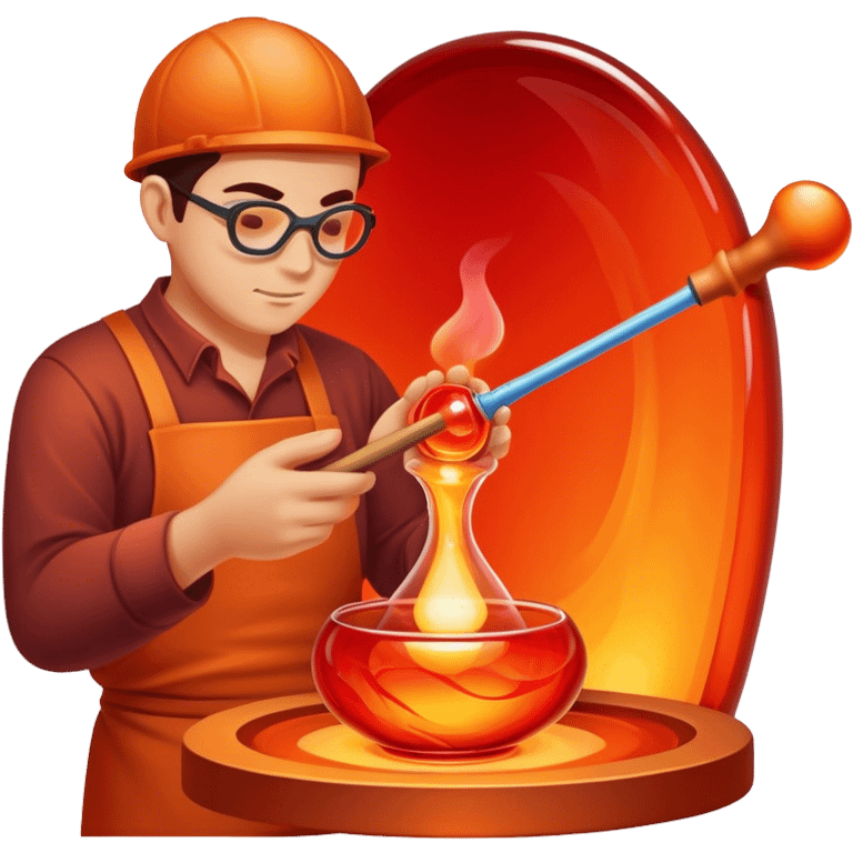 Glassblowing and casting icon, artisan shaping molten glass with a blowpipe, glass being poured into a mold, glowing red-hot glass, delicate patterns, minimalistic style, clean lines, transparent background. emoji