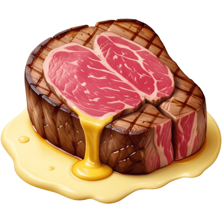 Cinematic thick-cut steak, perfectly seared with grill marks, a juicy pink center, butter melting on top, rich and savory, warm glow, sizzling and mouthwatering, highly detailed and appetizing. emoji