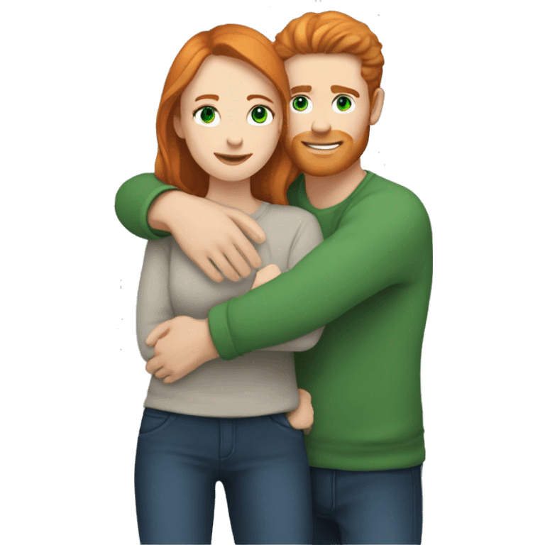 Hugging each other, one man, tall, ginger hair and blue eyes, one woman has brown hair and green eyes  emoji