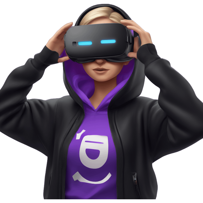 Russian girl wearing black hoody with violet letters "OMG", in vr headset oculus quest2. Standing like jedi. Cyberpunk style. Violet neon. emoji