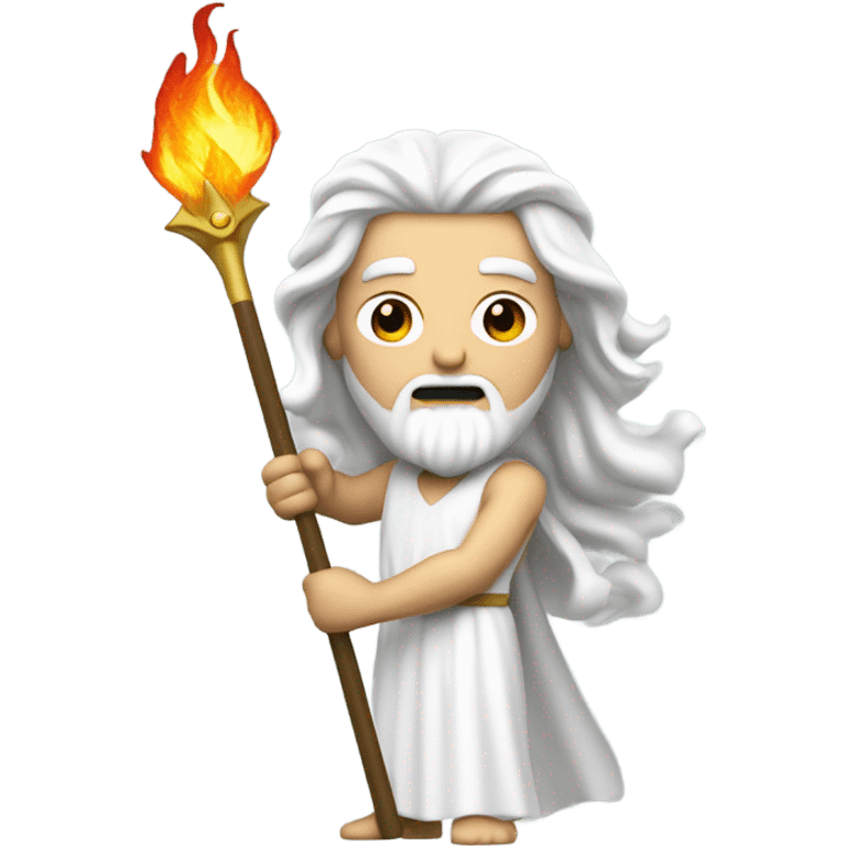 white man Poseidon with gold Trident. long white hair white dress.  with fire hose emoji