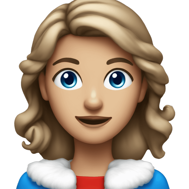 Light brunette woman in santa costume with blue eyes and tanned emoji