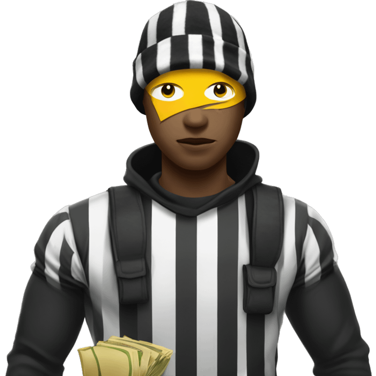 Robber with Yellow skin and black and white prison stripe shirt with money bag on shoulder and a black beanie on the head with a black eye mask on emoji