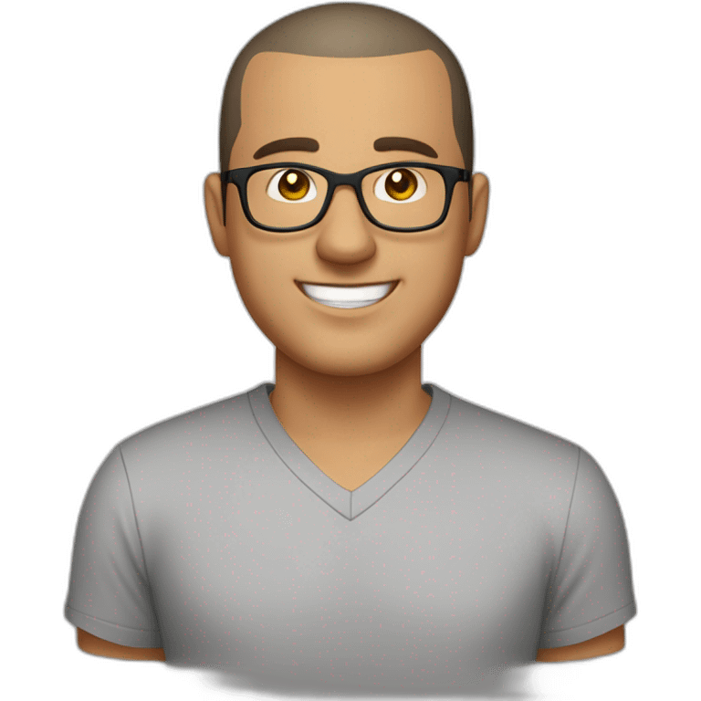 Late 30s man with buzz cut salt and pepper dark hair, thick frame glasses, with a round face and broad smile, medium nose, wearing a v-neck t-shirt emoji