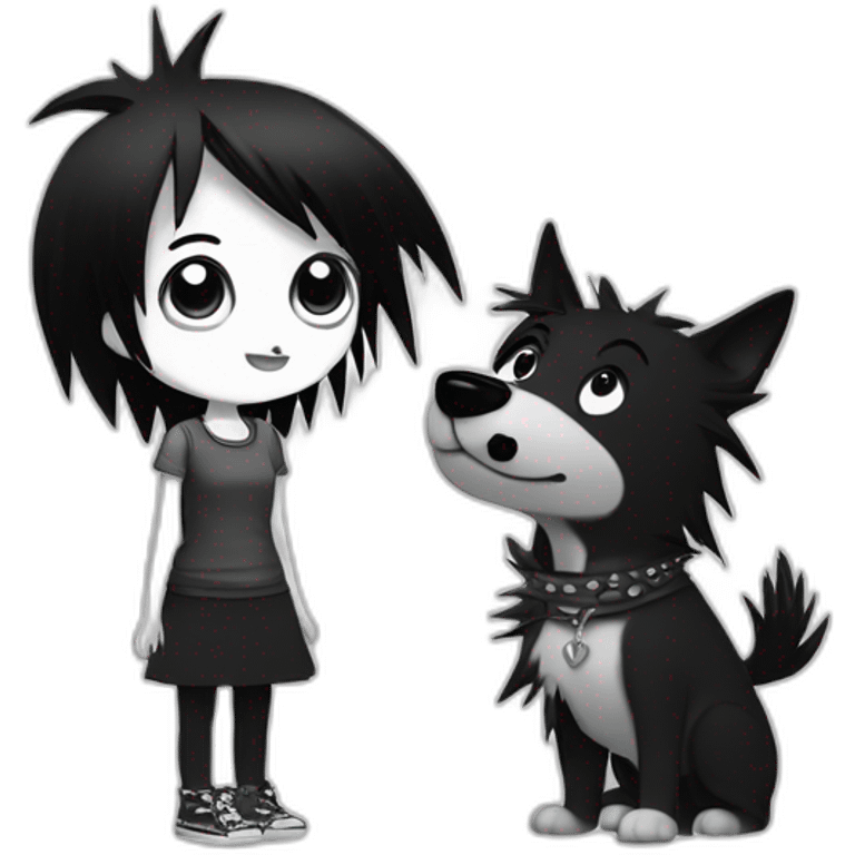 a dog and a girl with black spiky hair looking at each other in style of ((sarah andersen)), black and white emoji