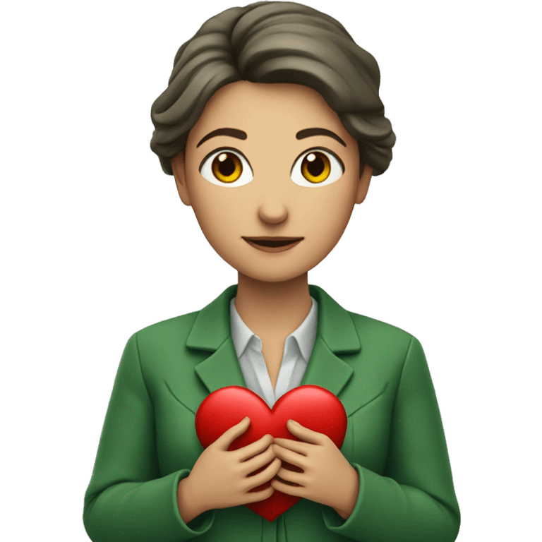 A European female teacher in a green jacket holds a heart in her hands emoji